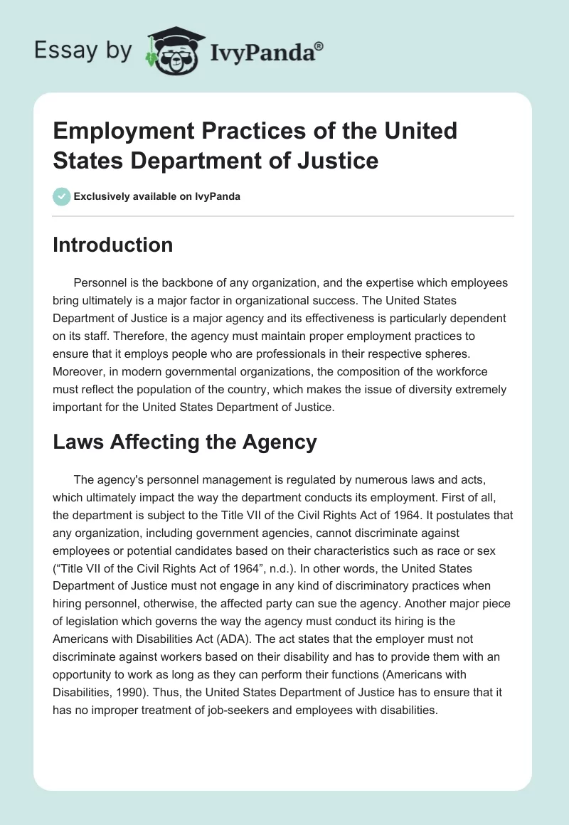 Employment Practices of the United States Department of Justice. Page 1