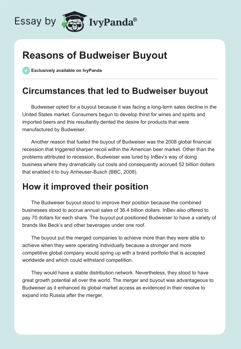 Reasons of Budweiser Buyout. Page 1