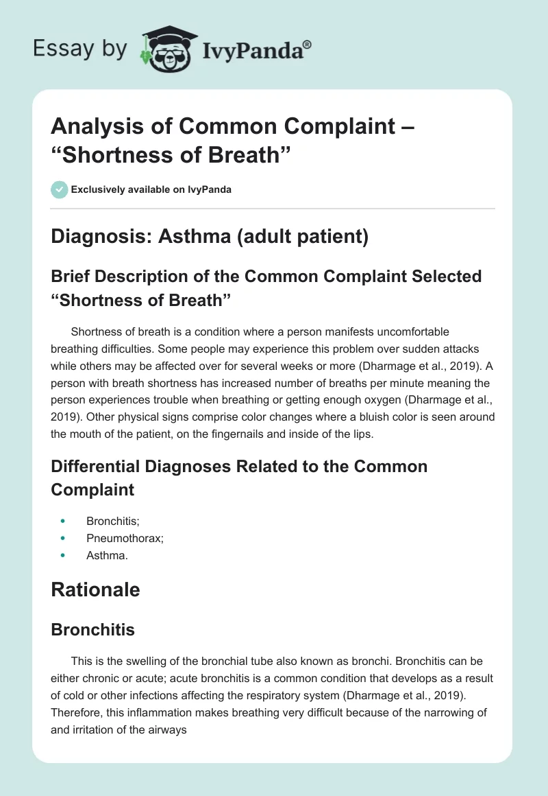 Analysis of Common Complaint – “Shortness of Breath”. Page 1