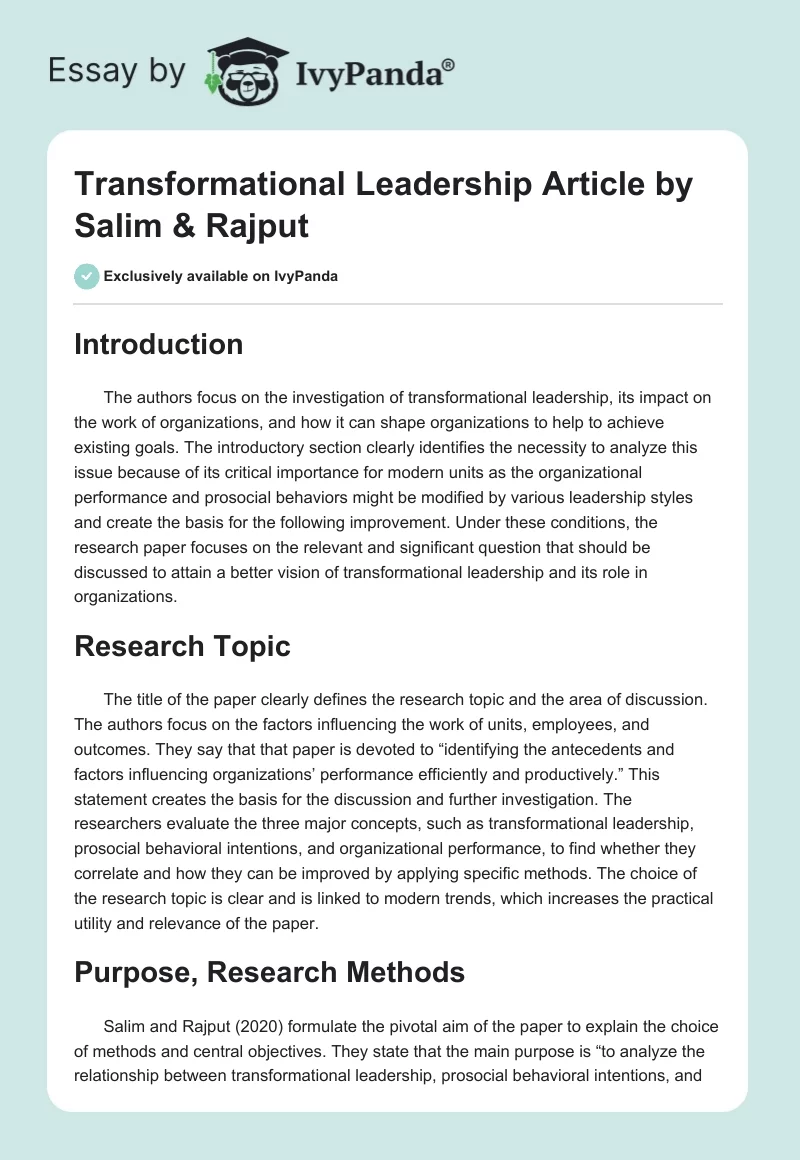 Transformational Leadership Article by Salim & Rajput. Page 1