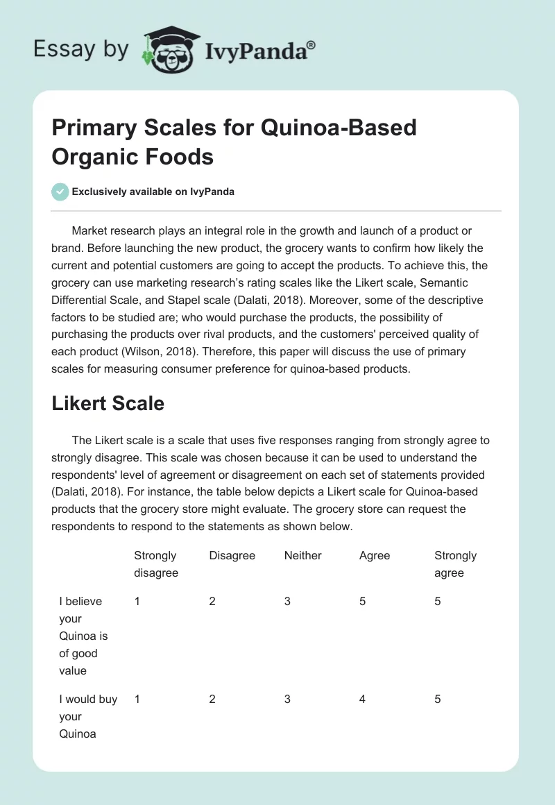 Primary Scales for Quinoa-Based Organic Foods. Page 1
