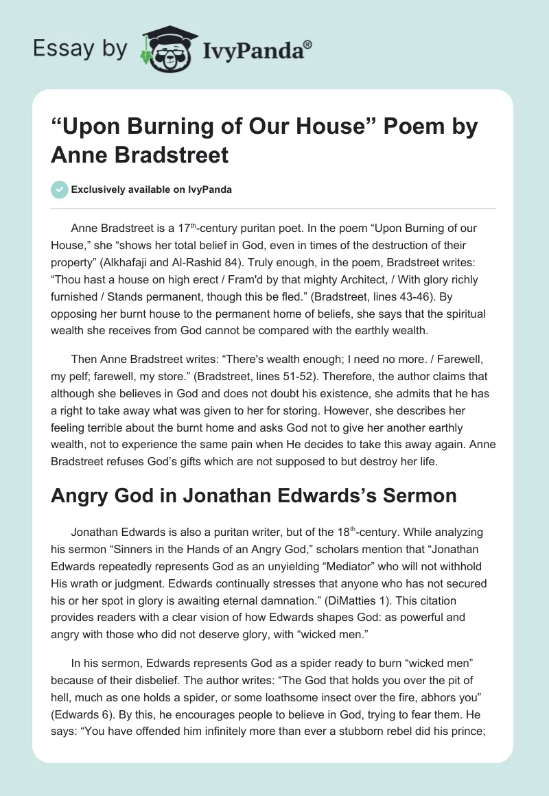 “Upon Burning of Our House” Poem by Anne Bradstreet. Page 1