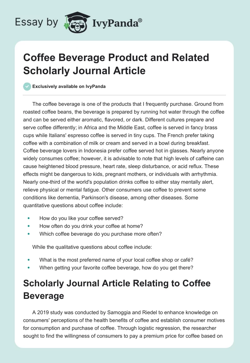 Coffee Beverage Product and Related Scholarly Journal Article. Page 1