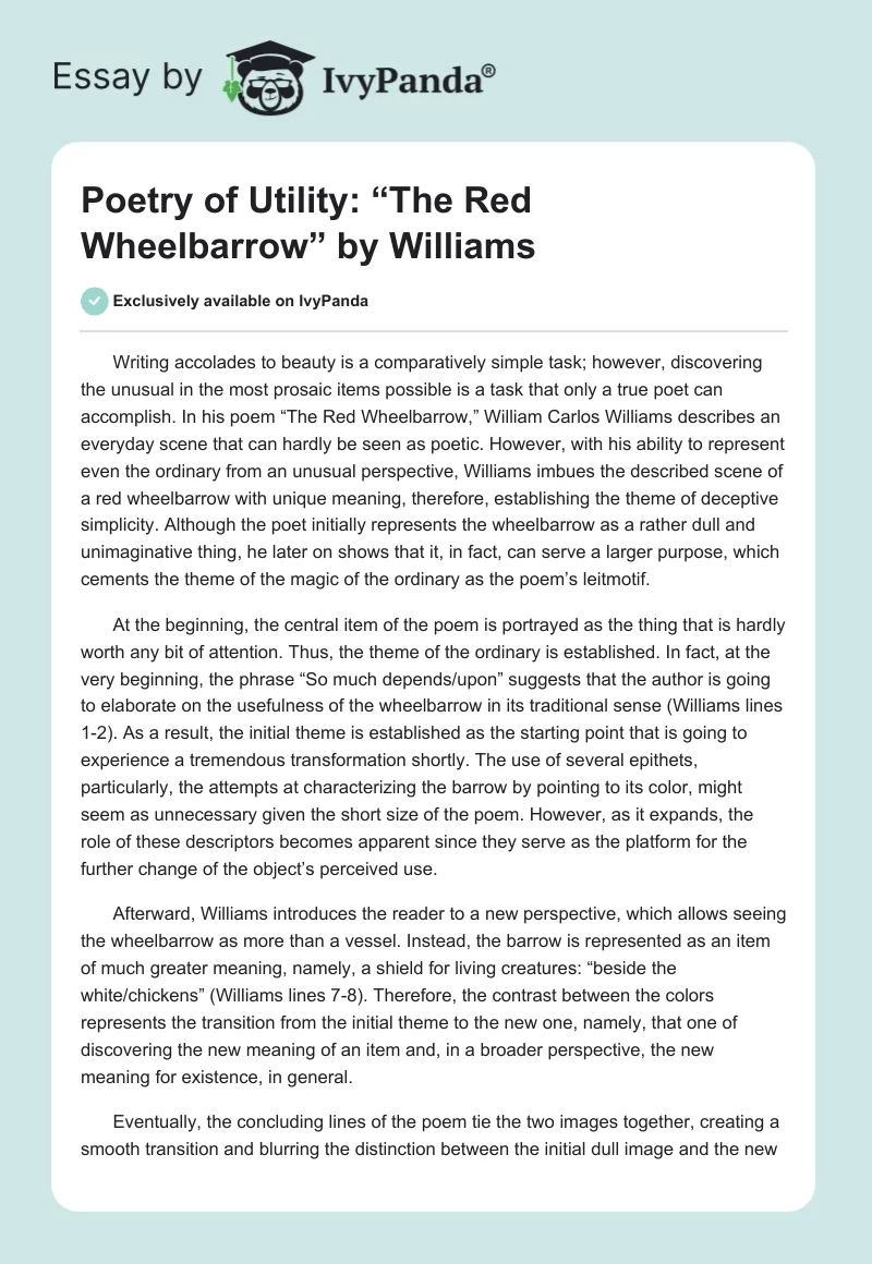 Poetry of Utility: “The Red Wheelbarrow” by Williams. Page 1