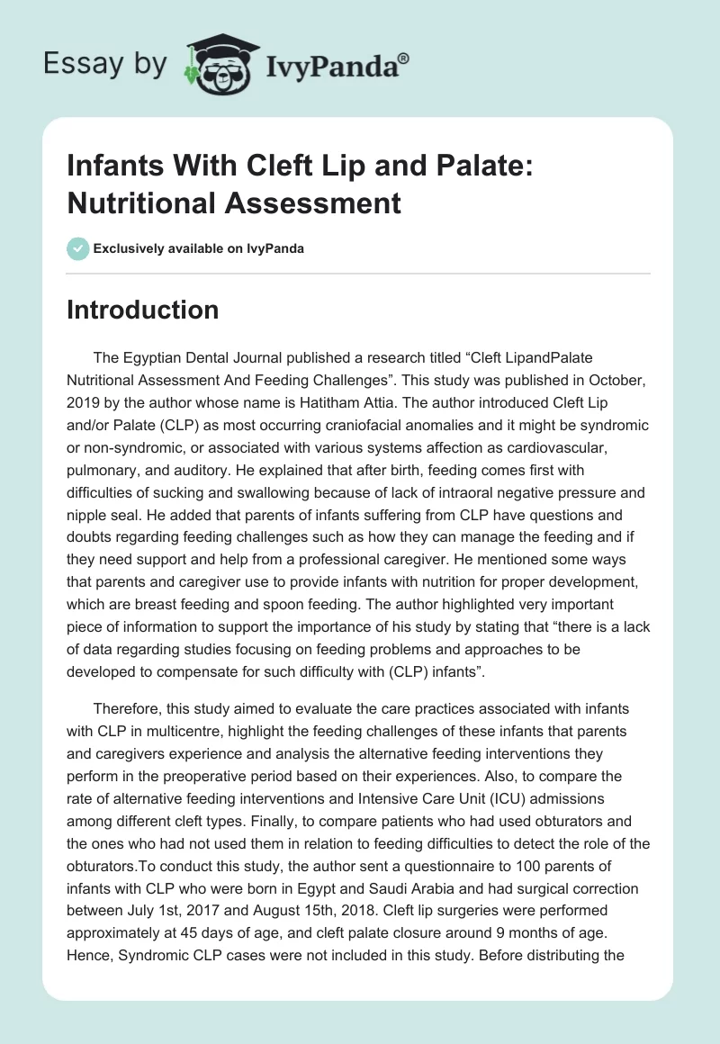 Infants With Cleft Lip and Palate: Nutritional Assessment. Page 1