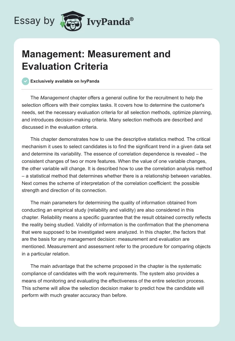 Management: Measurement and Evaluation Criteria. Page 1