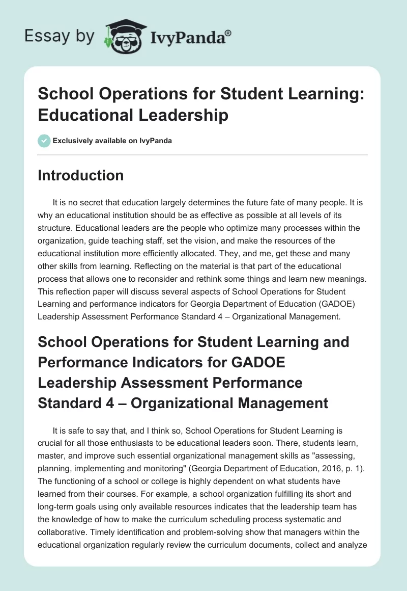 School Operations for Student Learning: Educational Leadership. Page 1