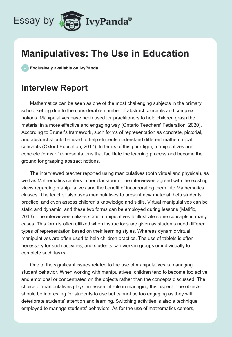 Manipulatives: The Use in Education. Page 1