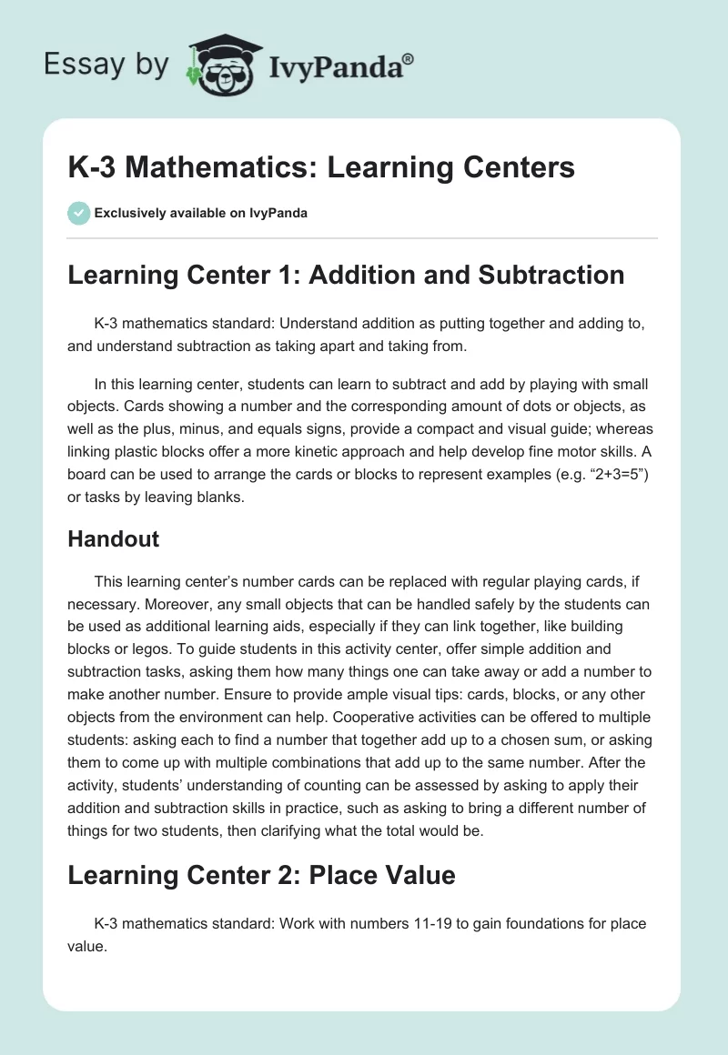K-3 Mathematics: Learning Centers. Page 1