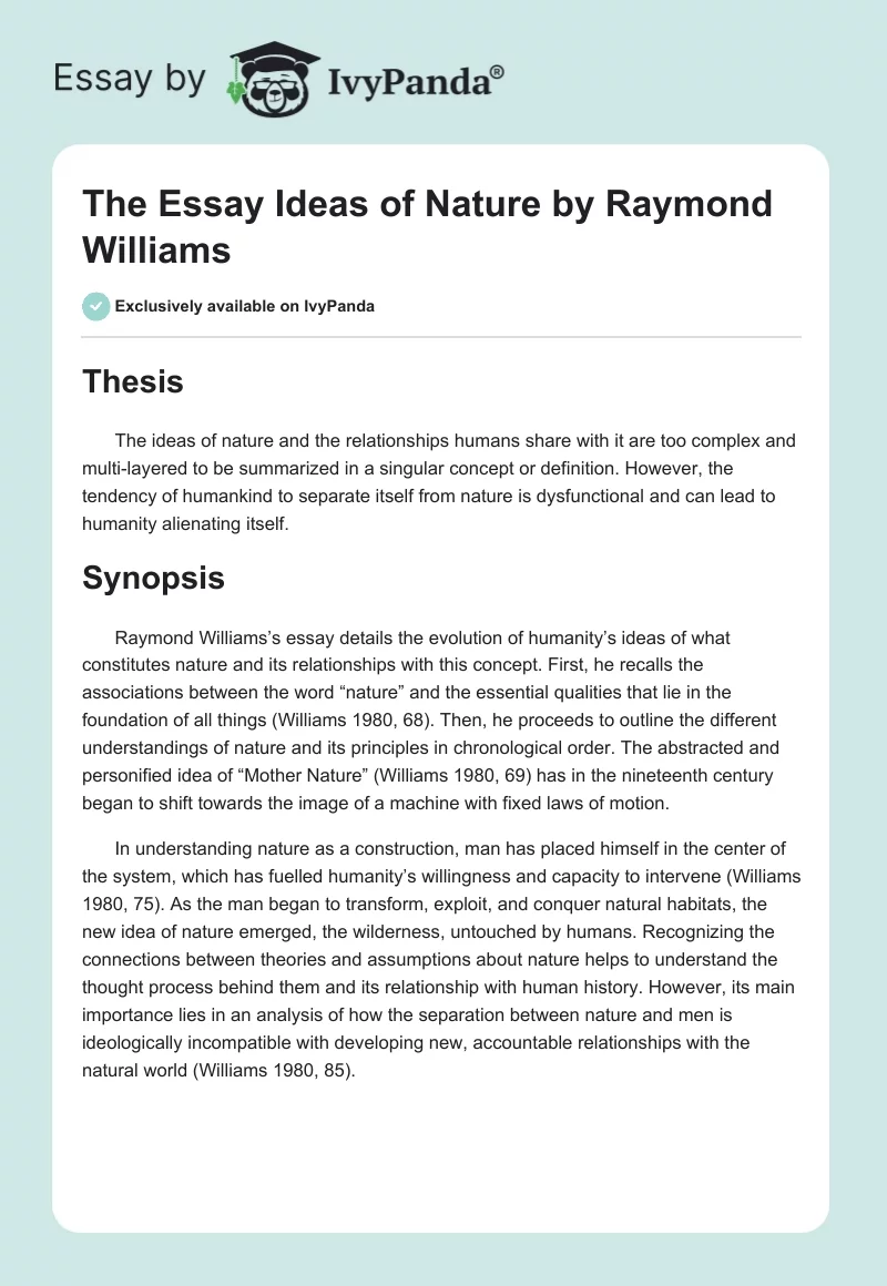 The Essay "Ideas of Nature" by Raymond Williams. Page 1