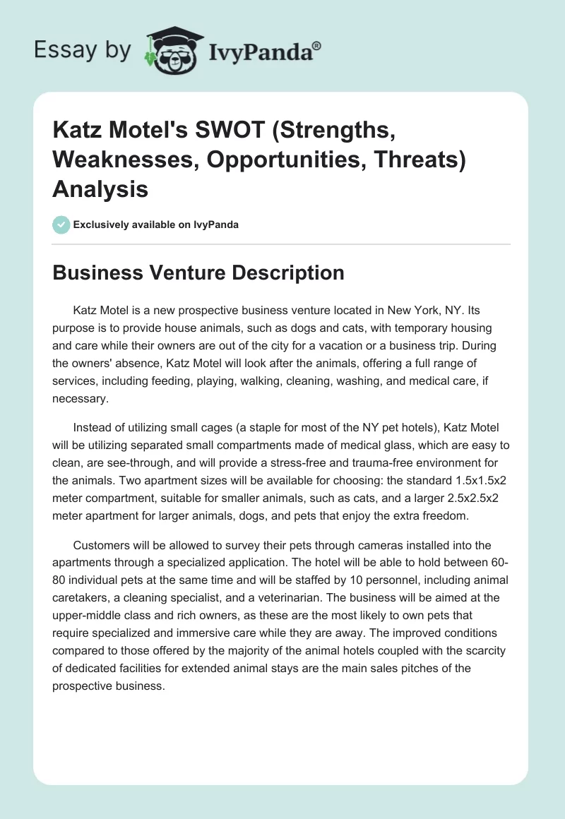 Katz Motel's SWOT (Strengths, Weaknesses, Opportunities, Threats) Analysis. Page 1