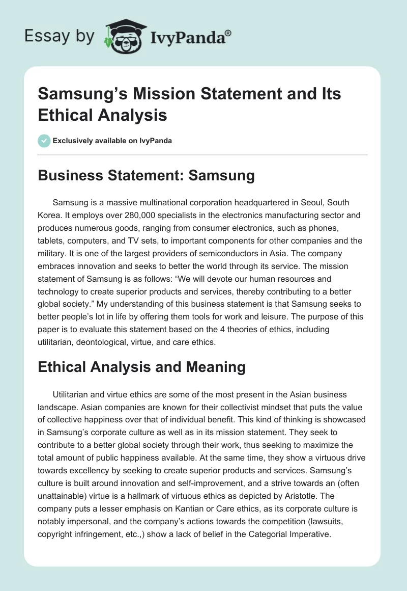 Samsung’s Mission Statement and Its Ethical Analysis. Page 1