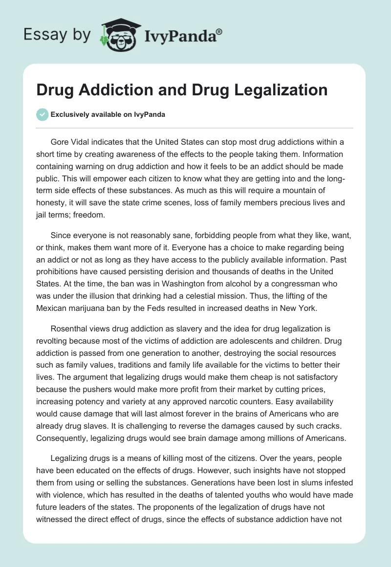 Drug Addiction and Drug Legalization. Page 1