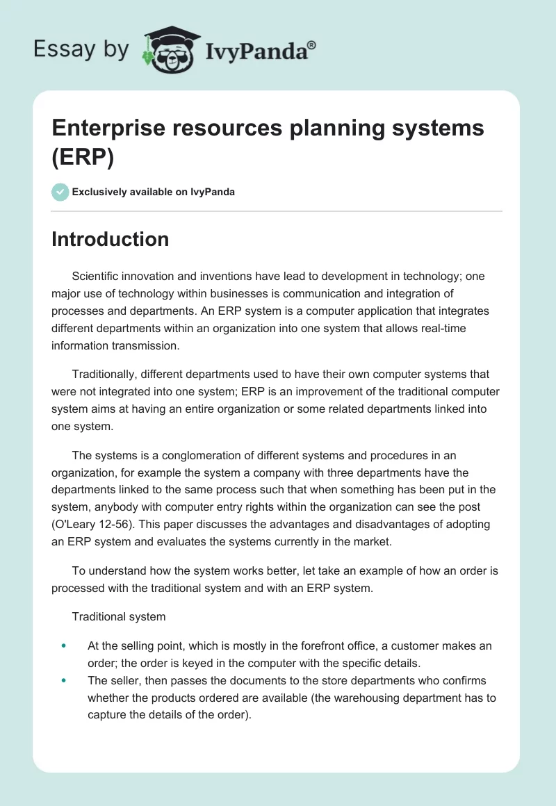 Enterprise resources planning systems (ERP). Page 1