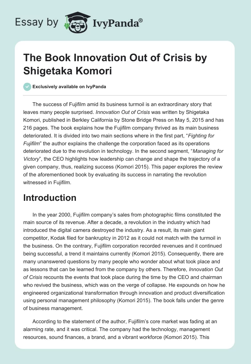 The Book "Innovation Out of Crisis" by Shigetaka Komori. Page 1