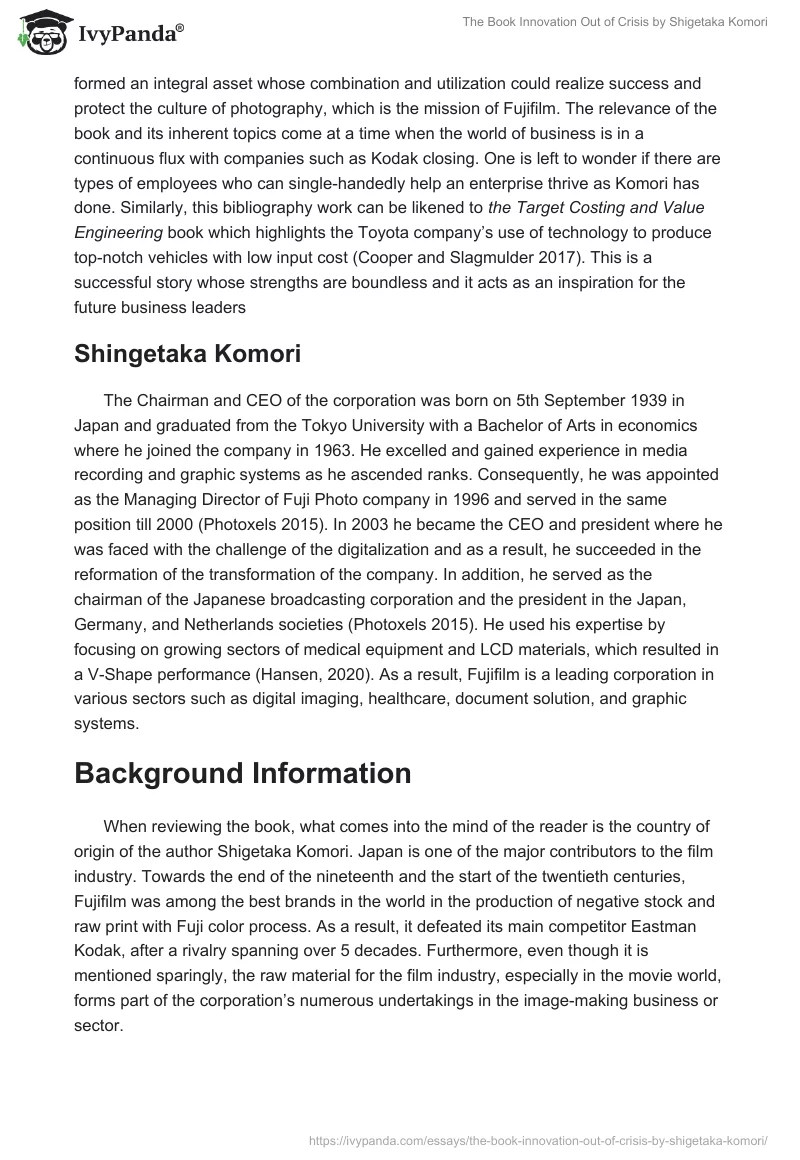 The Book "Innovation Out of Crisis" by Shigetaka Komori. Page 2