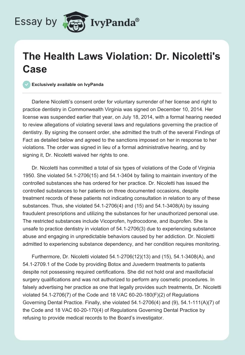 The Health Laws Violation: Dr. Nicoletti's Case. Page 1