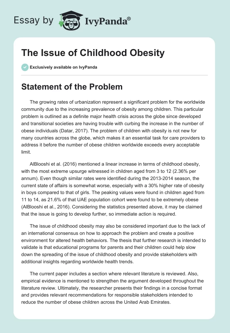 The Issue of Childhood Obesity. Page 1