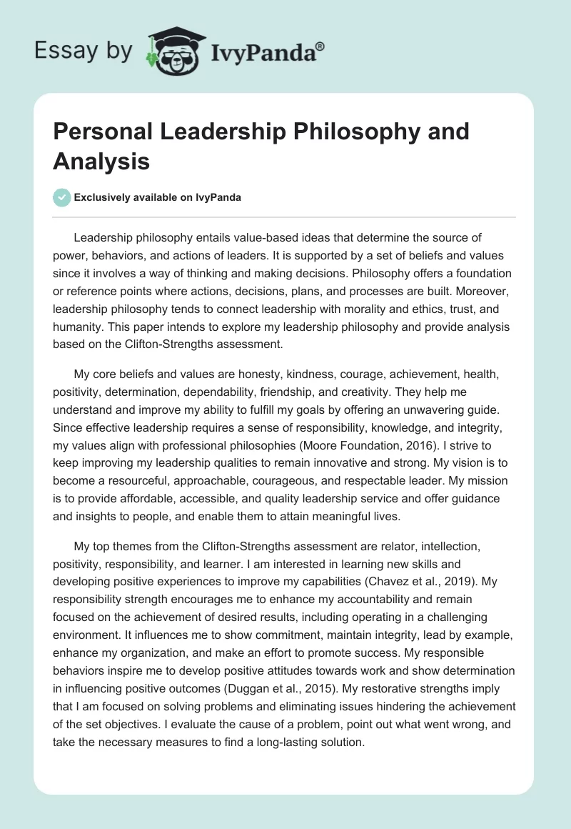 Personal Leadership Philosophy and Analysis. Page 1