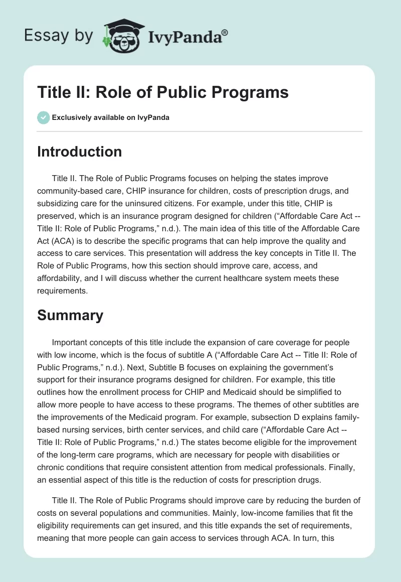Title II: Role of Public Programs. Page 1