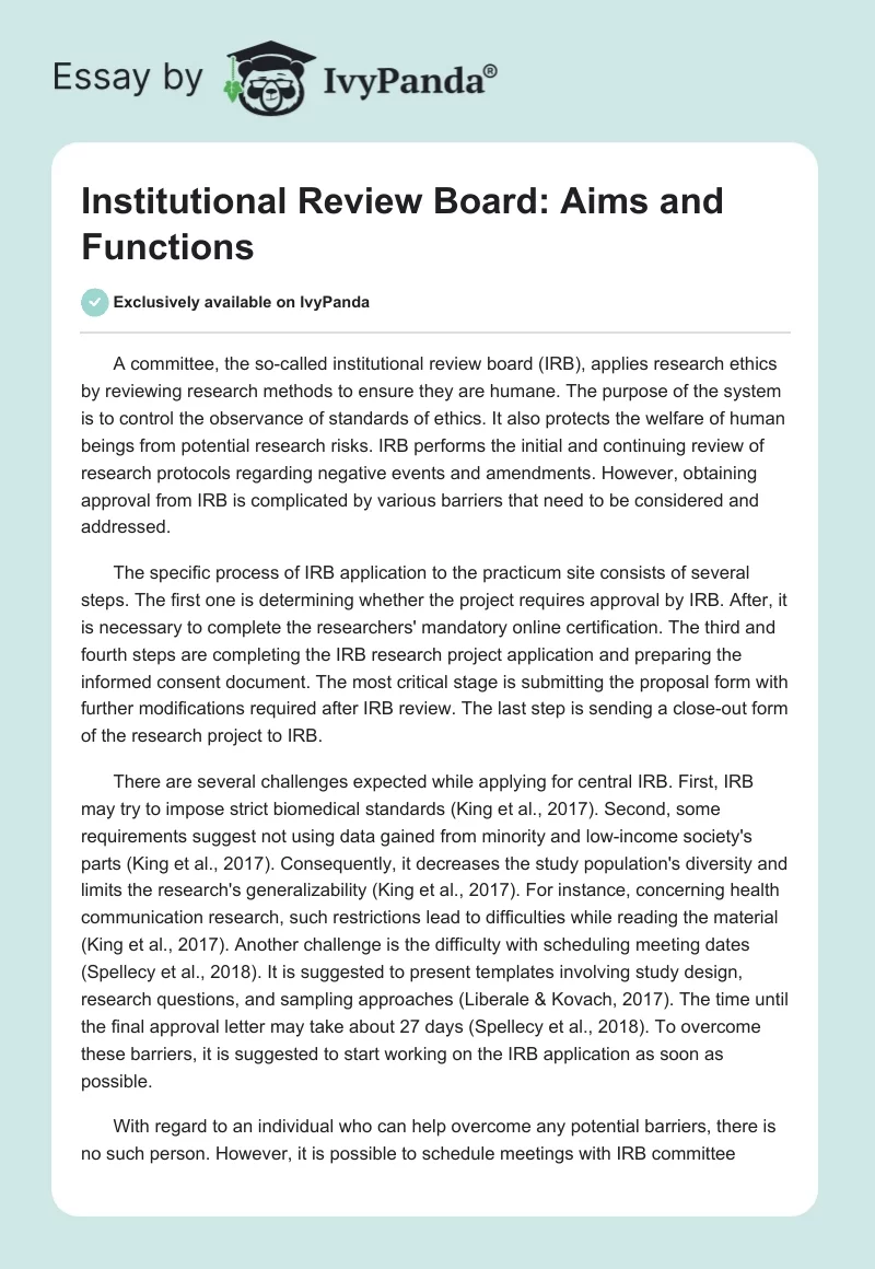 Institutional Review Board: Aims and Functions. Page 1
