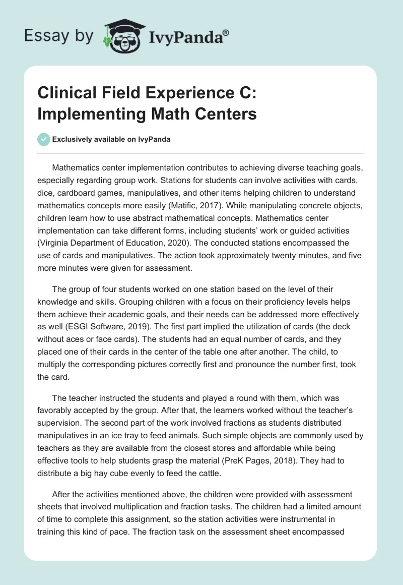 Clinical Field Experience C: Implementing Math Centers. Page 1