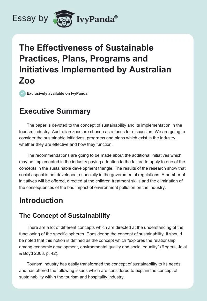 The Effectiveness of Sustainable Practices, Plans, Programs and Initiatives Implemented by Australian Zoo. Page 1