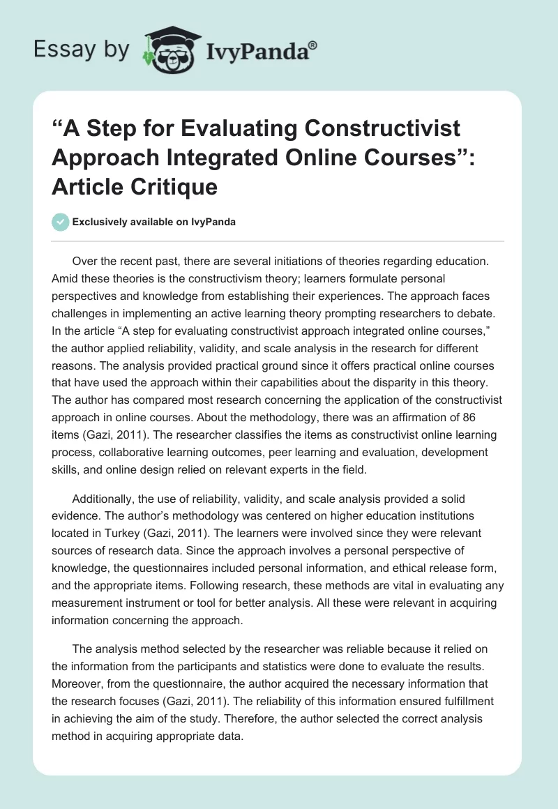 “A Step for Evaluating Constructivist Approach Integrated Online Courses”: Article Critique. Page 1