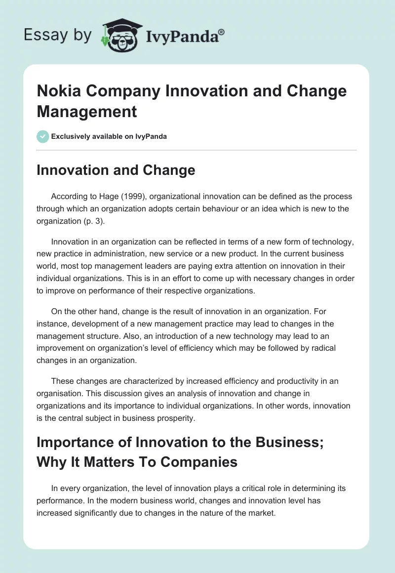 Nokia Company Innovation and Change Management. Page 1