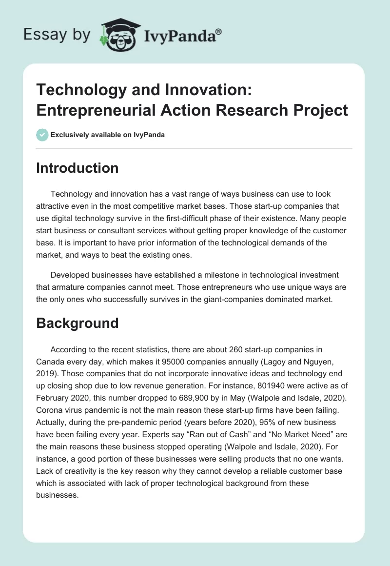 Technology and Innovation: Entrepreneurial Action Research Project. Page 1