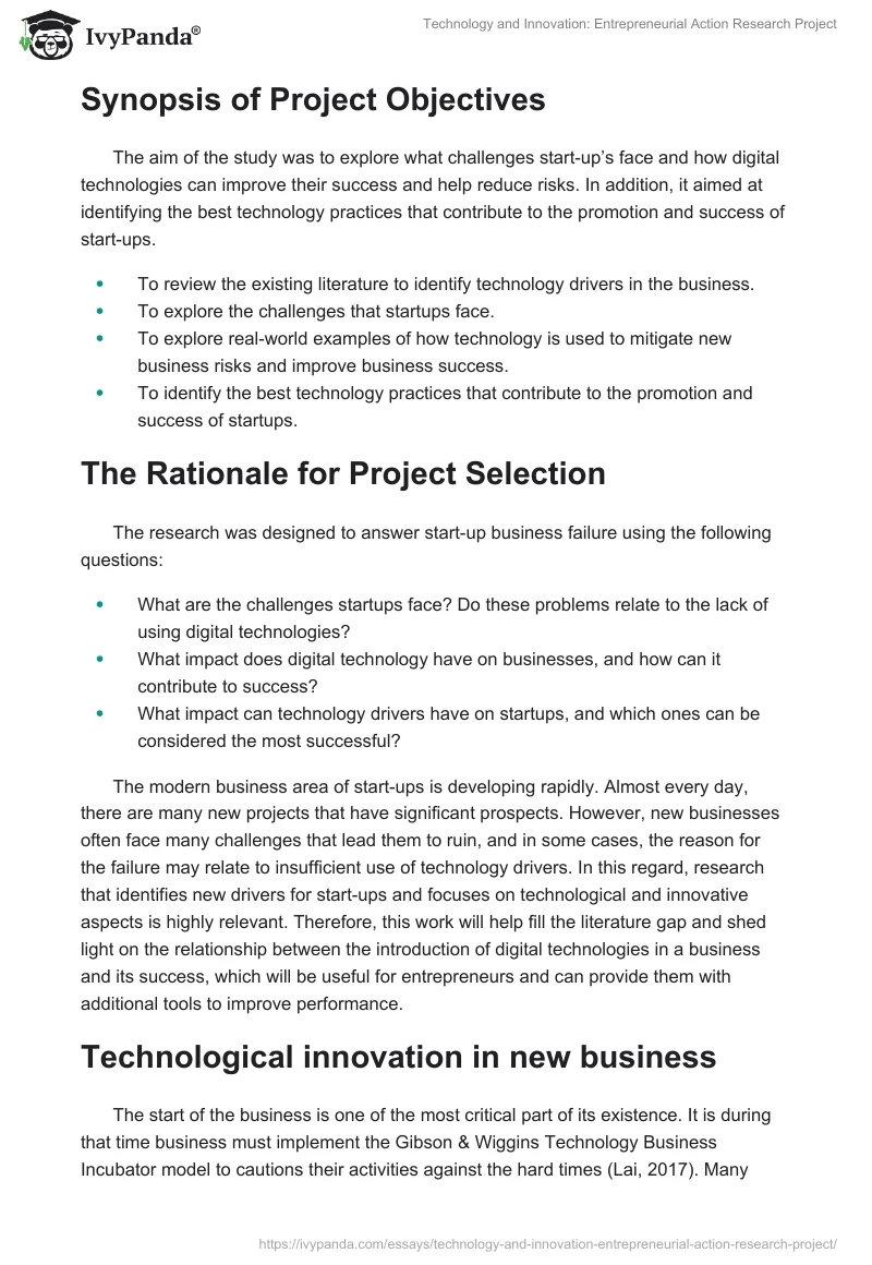 Technology and Innovation: Entrepreneurial Action Research Project. Page 2