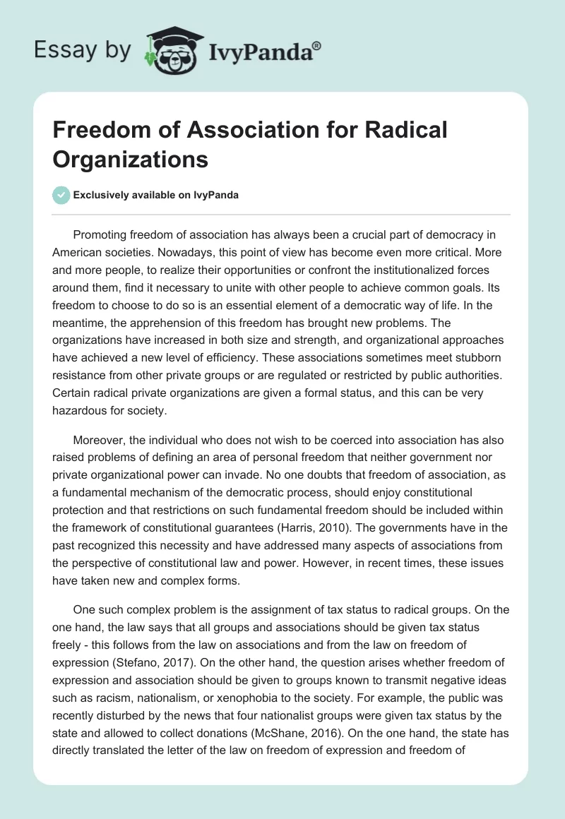Freedom of Association for Radical Organizations. Page 1