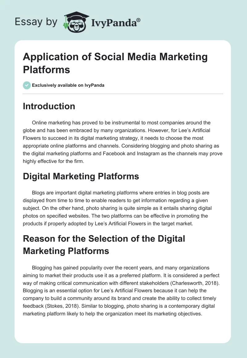 Application of Social Media Marketing Platforms. Page 1