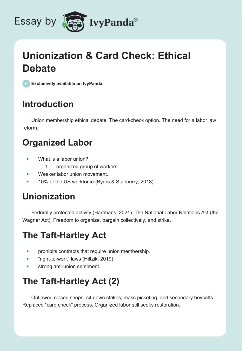 Unionization & Card Check: Ethical Debate. Page 1