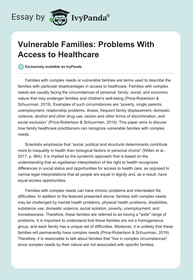Vulnerable Families: Problems With Access to Healthcare. Page 1