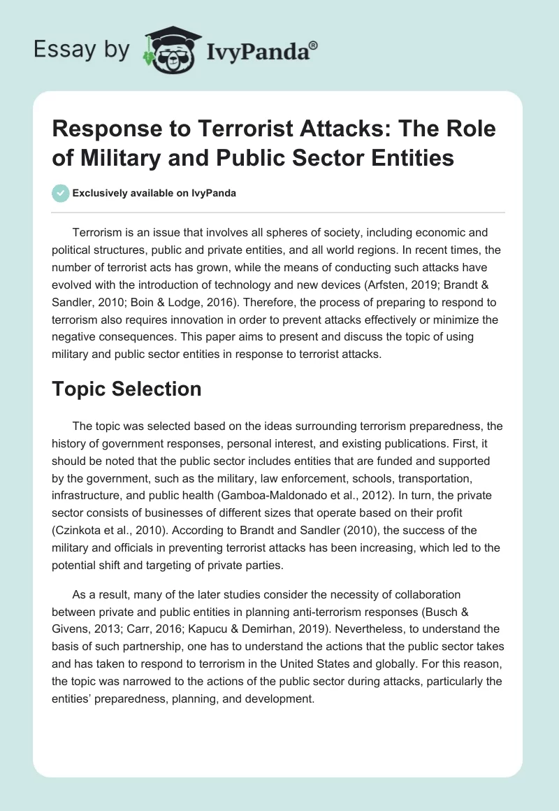 Response to Terrorist Attacks: The Role of Military and Public Sector Entities. Page 1