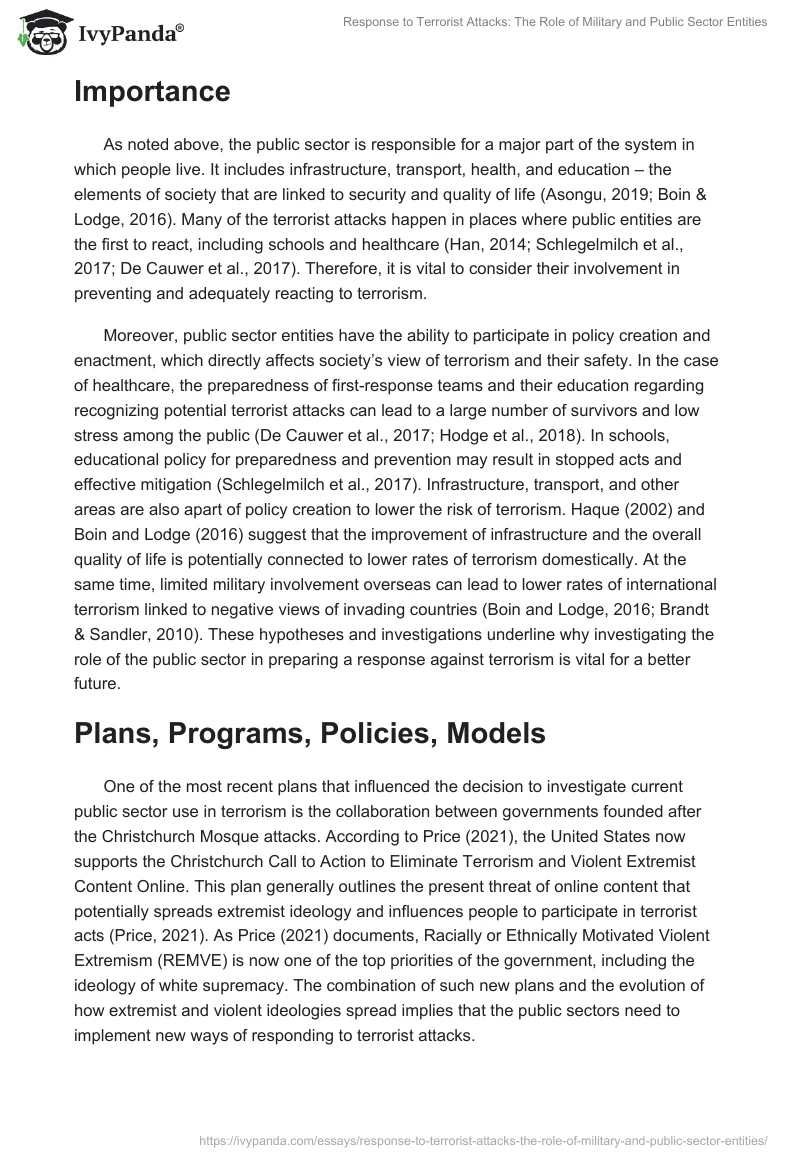 Response to Terrorist Attacks: The Role of Military and Public Sector Entities. Page 2