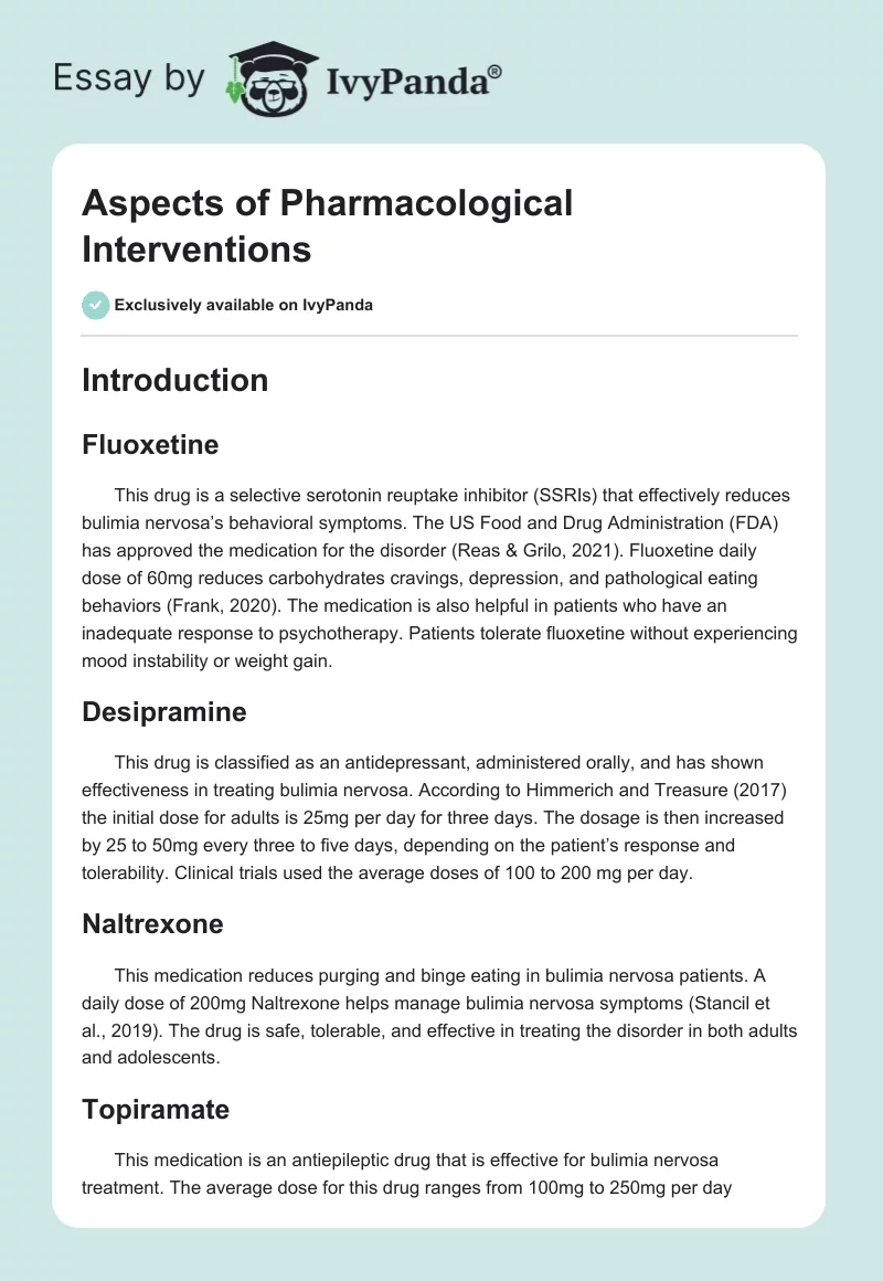 Aspects of Pharmacological Interventions. Page 1