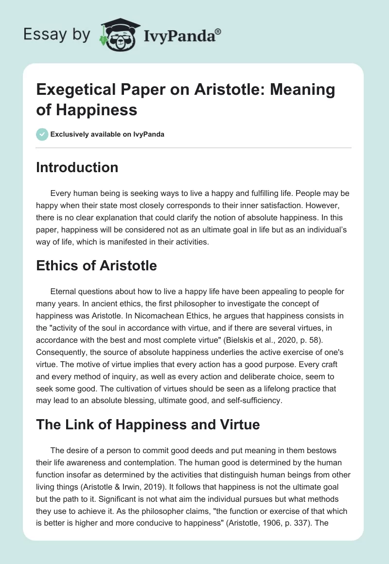 Exegetical Paper on Aristotle: Meaning of Happiness. Page 1