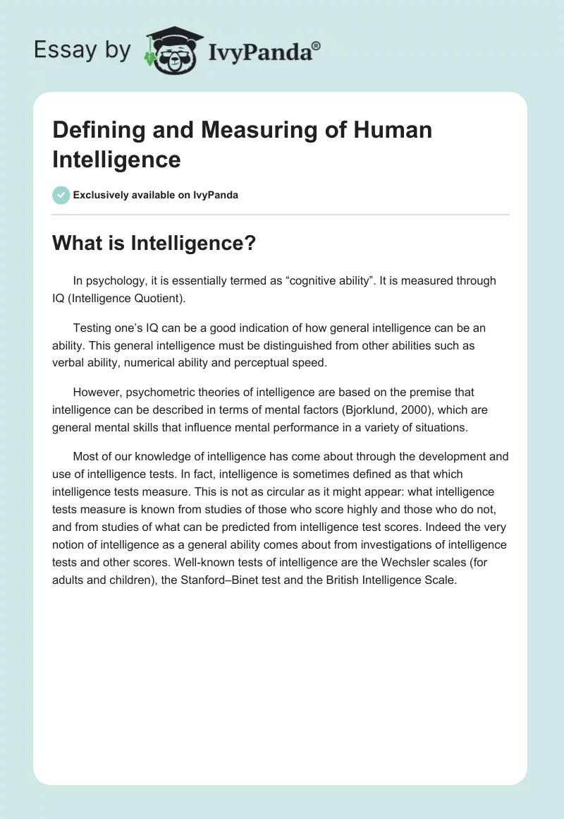 Defining and Measuring of Human Intelligence. Page 1