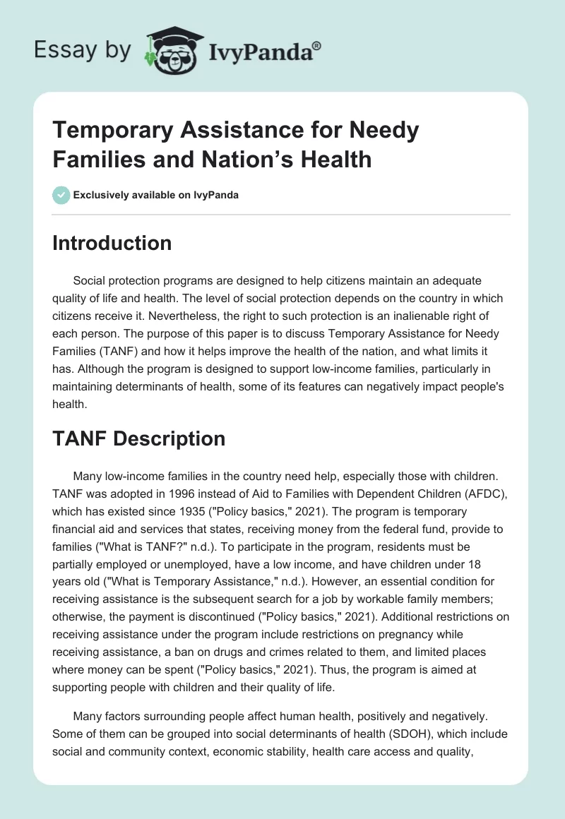 Temporary Assistance for Needy Families and Nation’s Health. Page 1