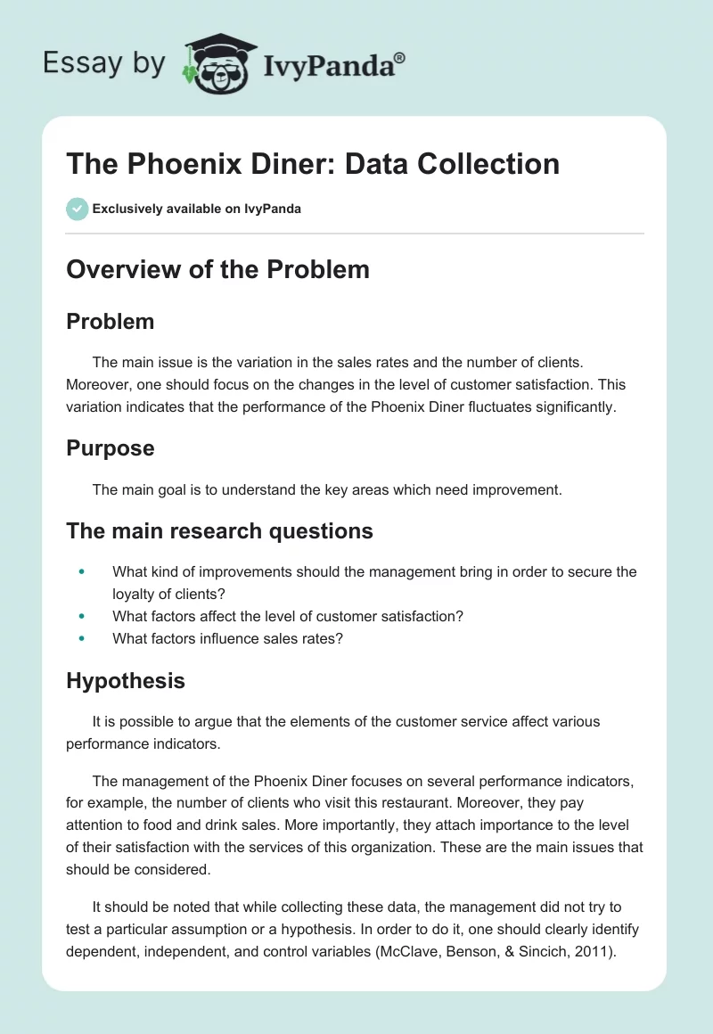 The Phoenix Diner: Data Collection. Page 1