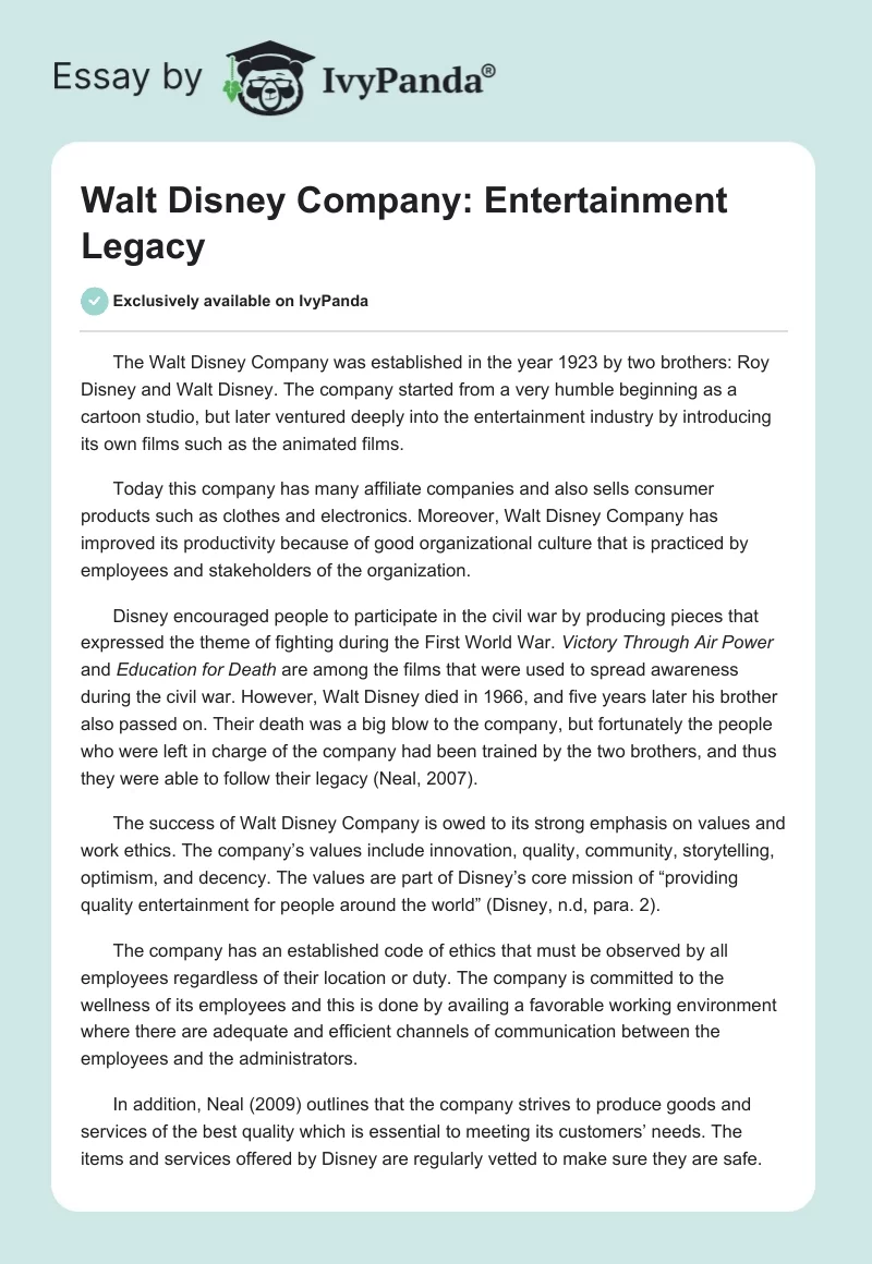 Walt Disney Company: Entertainment Legacy. Page 1