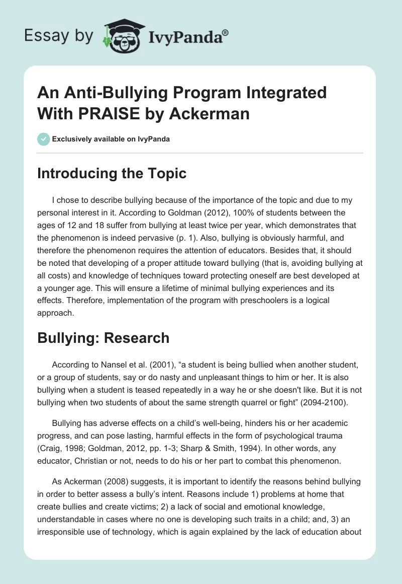 An Anti-Bullying Program Integrated With PRAISE by Ackerman. Page 1