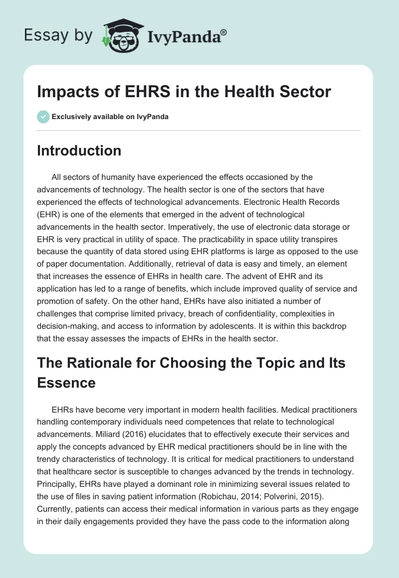 Impacts of EHRS in the Health Sector. Page 1