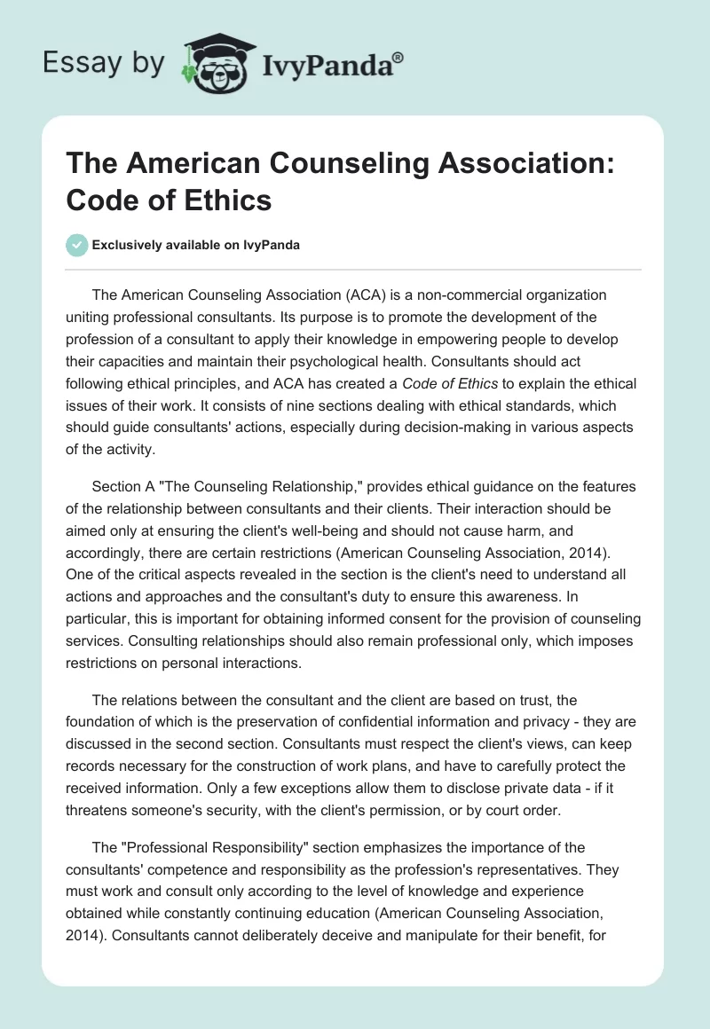The American Counseling Association: Code of Ethics. Page 1