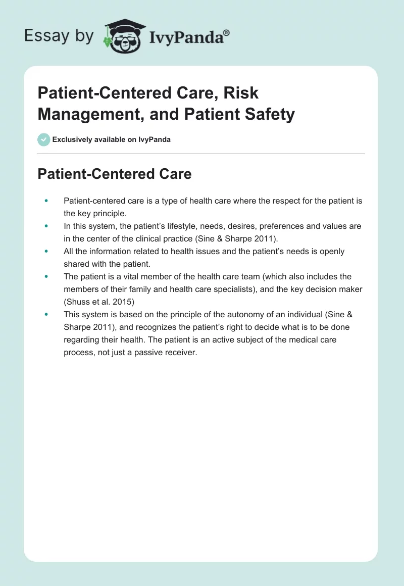 Patient-Centered Care, Risk Management, and Patient Safety. Page 1