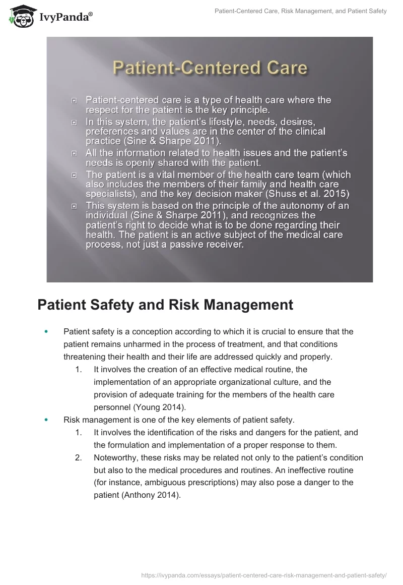 Patient-Centered Care, Risk Management, and Patient Safety. Page 2