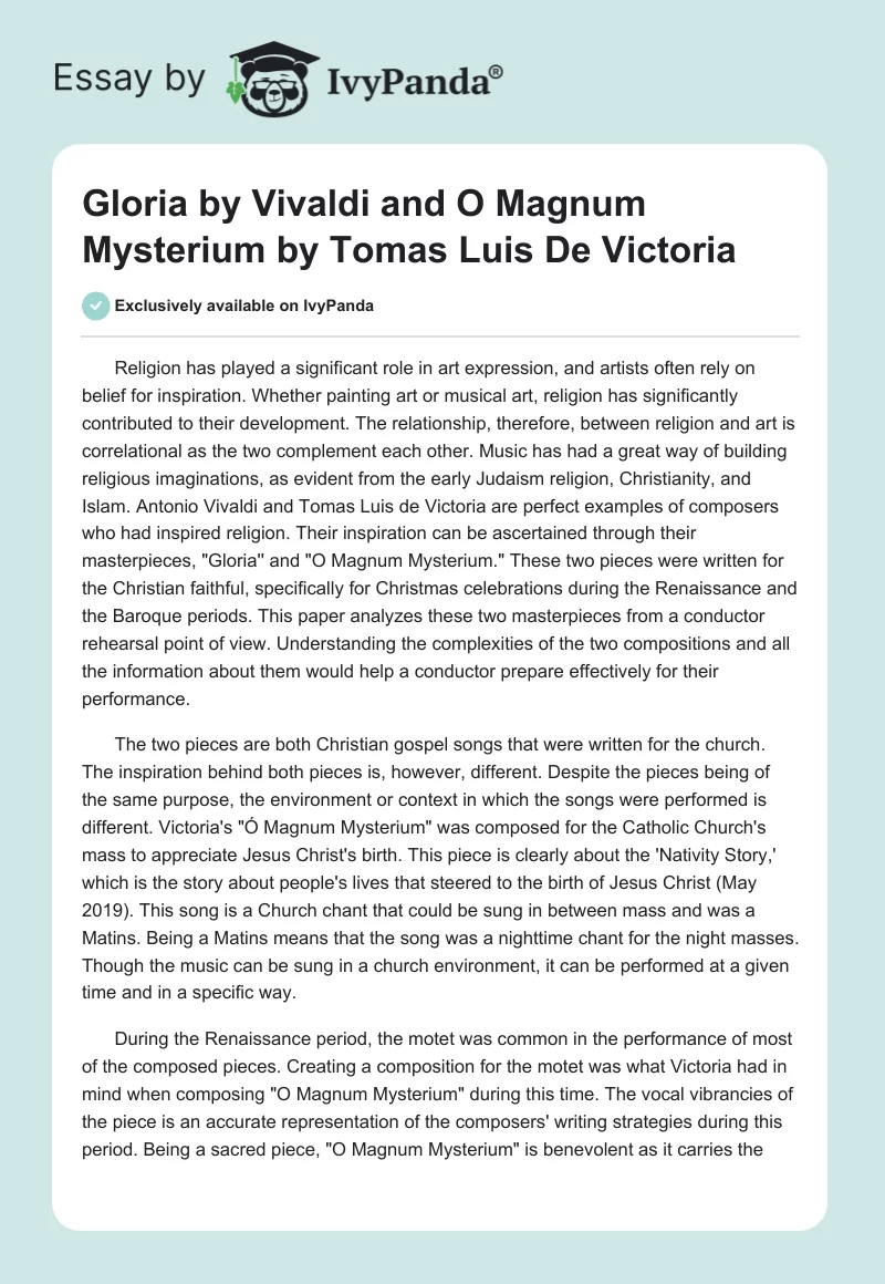 "Gloria" by Vivaldi and "O Magnum Mysterium" by Tomas Luis De Victoria. Page 1
