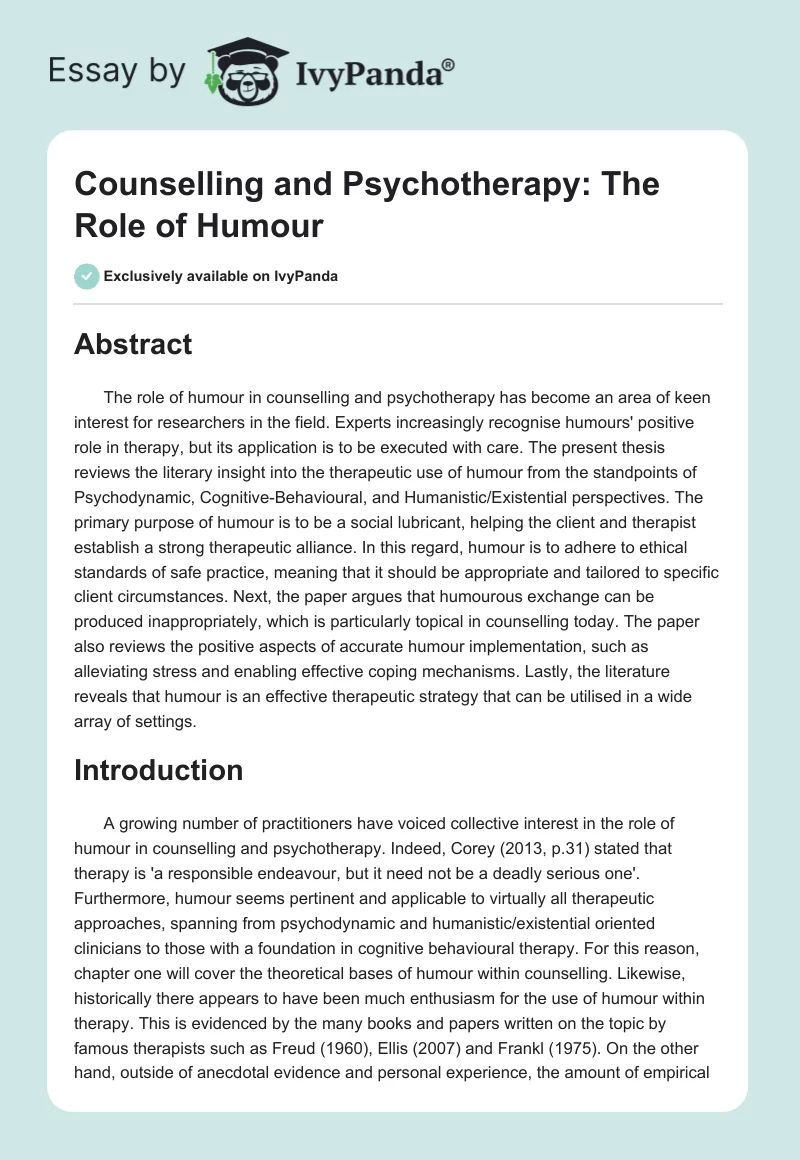 Counselling and Psychotherapy: The Role of Humour. Page 1